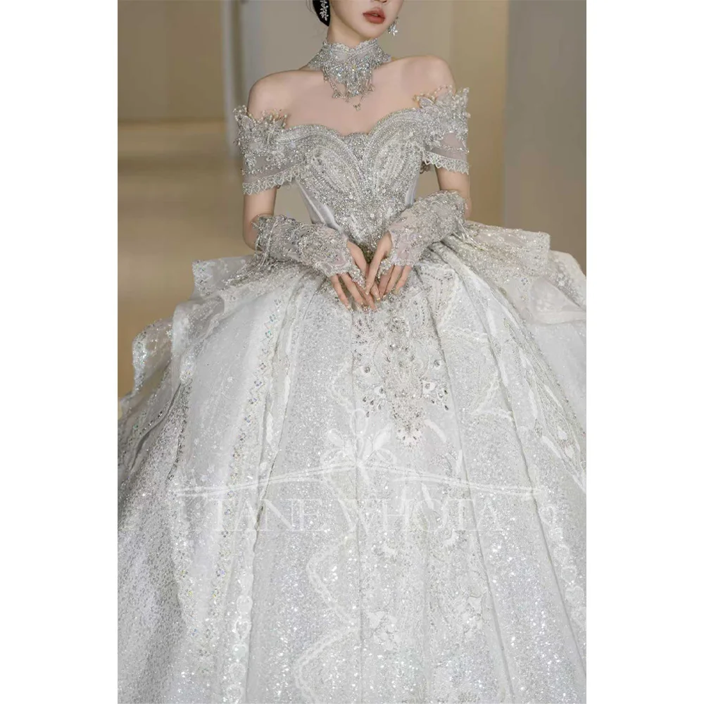 Robe de mariée personnalisable en dentelle chérie, épaules dénudées, robe de mariée à paillettes et perles