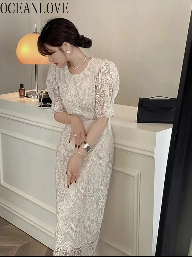 OCEANLOVE Lace Embroidered Women Dresses Solid French Style Elegant Spring Summer Vestidos Mujer A-line Sweet Long Dress