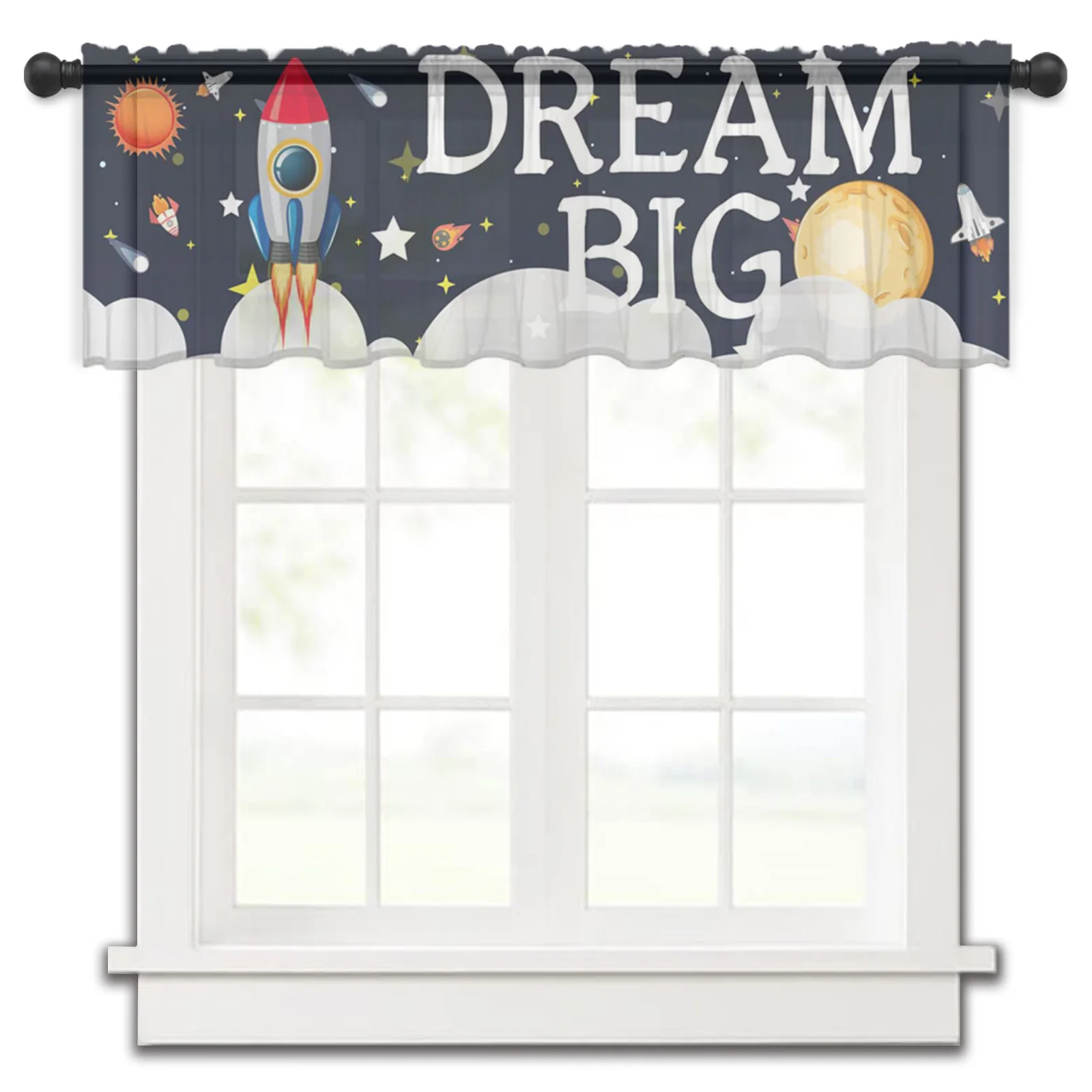 Space Universe Rocket Dream Big Rod Pocket Short Curtain Half-Curtain For Kitchen Door Drape Cafe Small Window Sheer Curtains