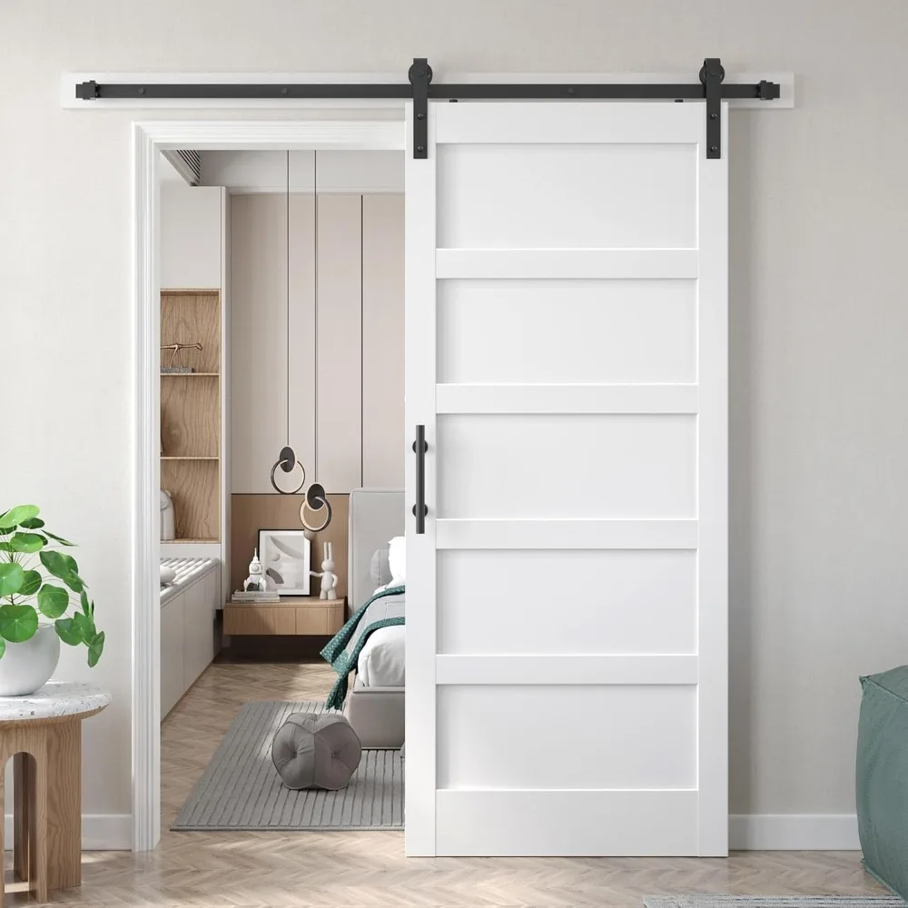 

White Barn Door with 6.6 FT Sliding Door Hardware Kit Included & Handle,MDF,Solid PVC Surface,DIY Assembly,5-Panel