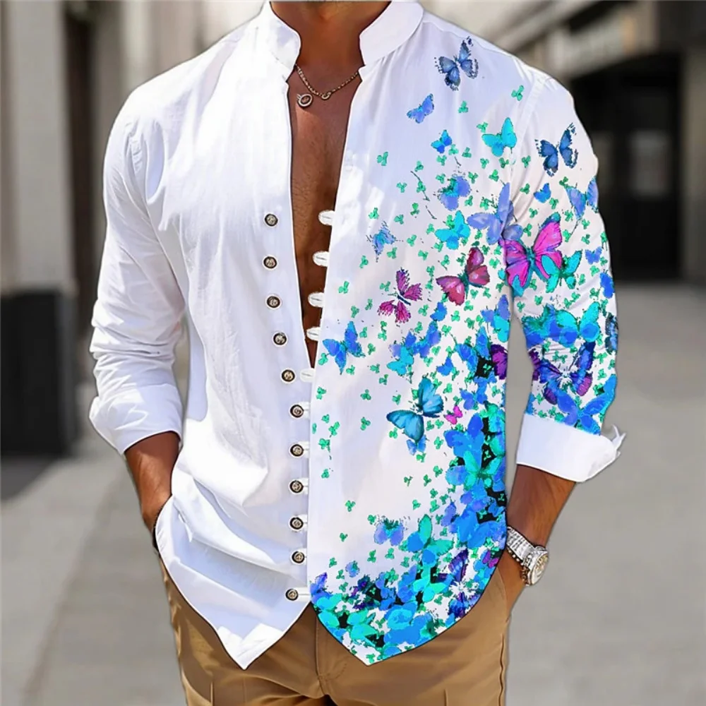 Butterfly Red Petal Pattern Men's Standing Collar Long Sleeved Printed Shirt Single Breasted Casual Daily Vacation Shirt