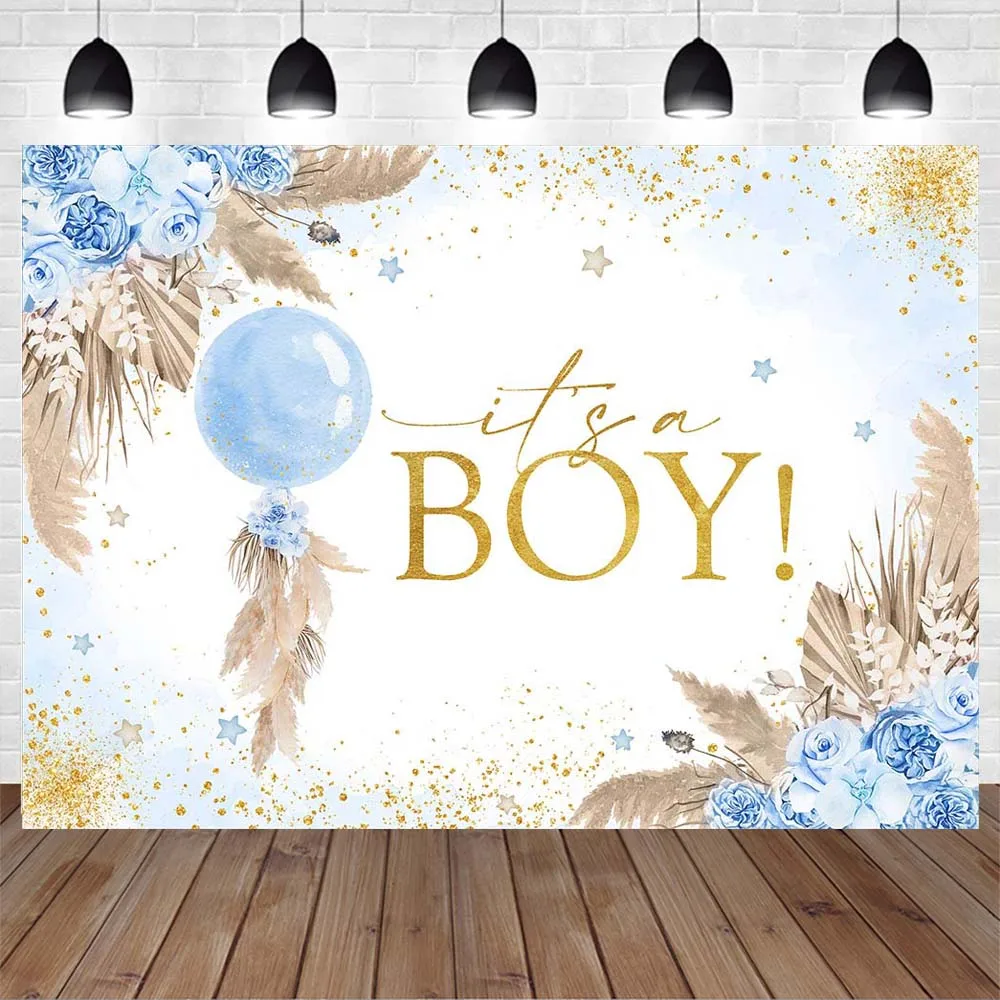 Mocsicka Blue Boho Balloon Baby Shower fondale it\'s a Boy Welcome Party Decorations neonato Photography Background Photo Studio