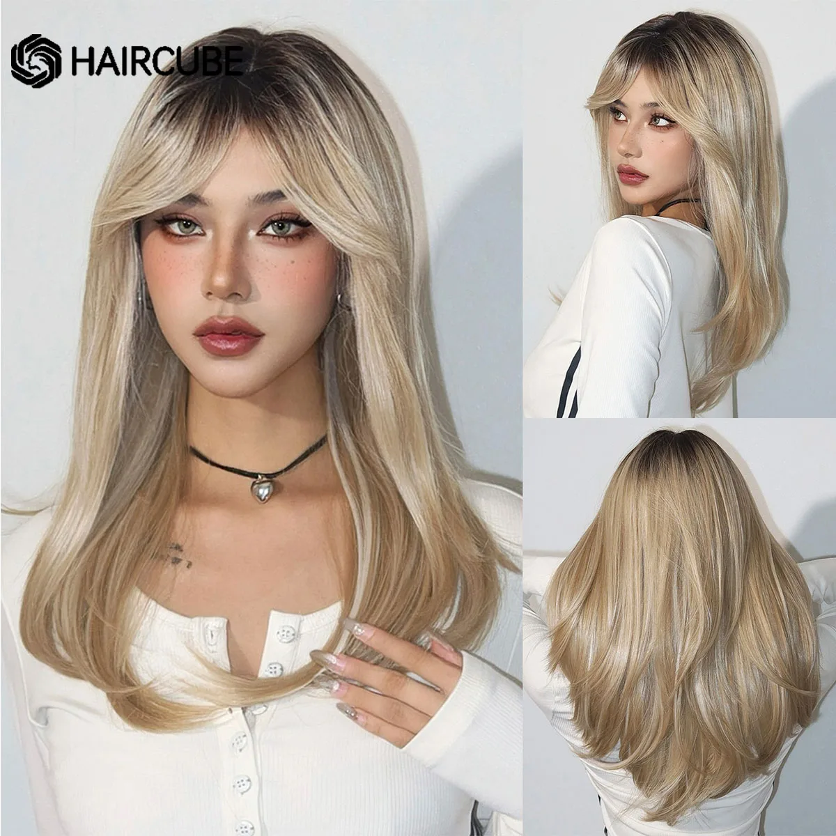 

HAIRCUBE 13*1 Lace Front Wig Long Blonde Ombre Highlight Straight for Black Women Synthetic Wig for Daily Use Cosplay Lace Hair