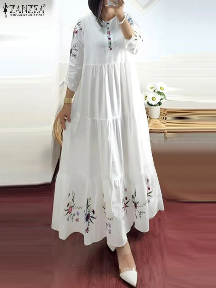 ZANZEA elegancka, kwiatowa sukienka muzułmańska z nadrukiem moda damska Abaya Kaftan Sundress kobieta Casual Ruffles Hem Maxi szata ponadgabarytowa