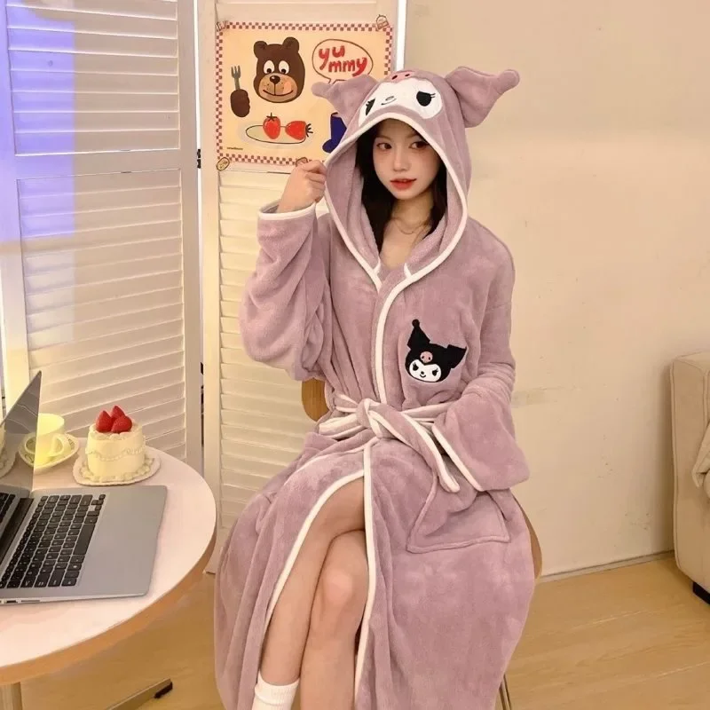 Sanrio Kuromi Cinnamoroll My Melody Pudding Dog Hooded Bathrobe Women Girl Coral Flannel Thickened Cute Cartoon Sleeprobe Pajama