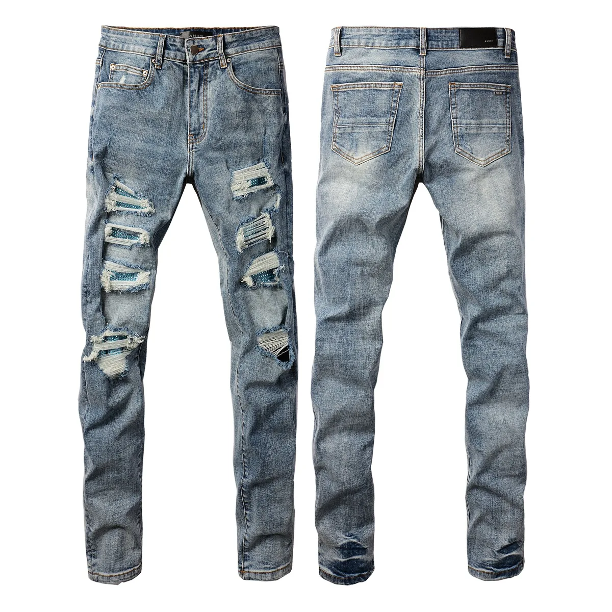 

Mens amiris Stretch Rhinestone Jeans New Rock Fashion Graffiti Ink Splash Crystal Patchwork Pants Slim Ripped Denim Trouser