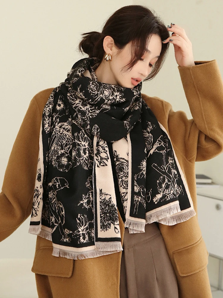Harmony Birds Forest Good Imitate Cashmere Scarf Shawl Women Autumn Winter Neckerchief Warm Long Double Sides Summer Wraps