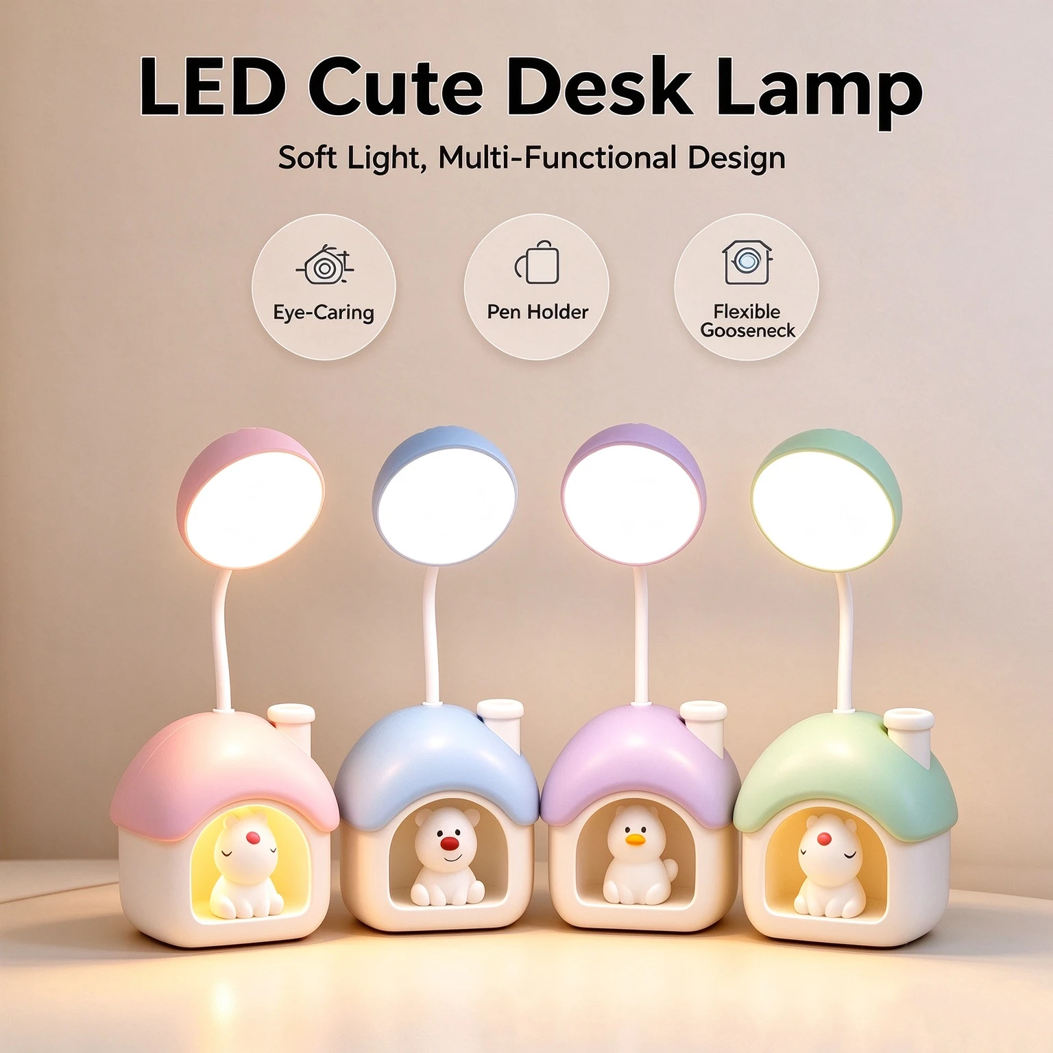 Cute House LED Desk Lamp Kids Flexible Duck Reading Lamp with Pen Holder Night Light 5V Eye Protection Study Table Lamp Bedroom