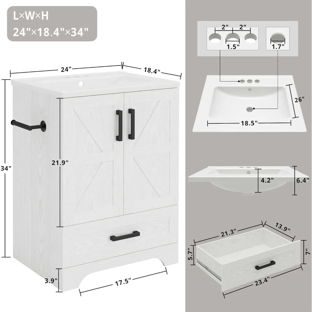 

Bathroom Vanity, 24" Bathroom Vanity with Sink, Farmhouse Wood Fixture Stand Pedestal Bathroom Cabinet with Drawer