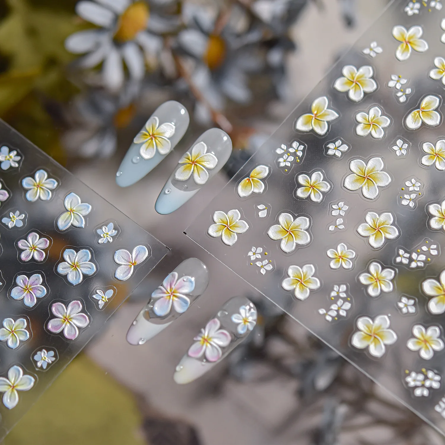 1pc 5D プルメリアフラワーデザインネイルアートステッカー白黄色花びら自己粘着ネイルデカール絶妙なエンボス加工花ネイルスライド