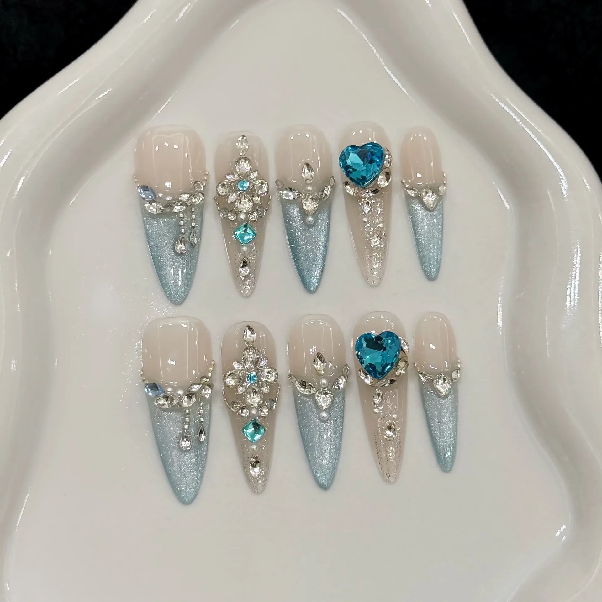 

10pcs Full Flash Rhinestone Press On Nails Court Style Long Stiletto Handmade False Nails Gentle Blue French Tips Fake Nail