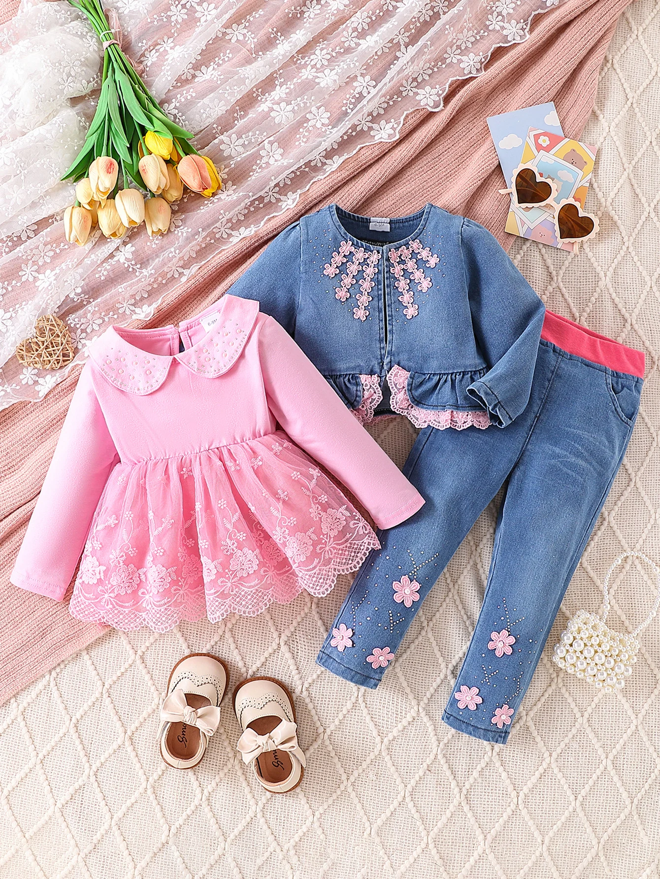 

Милый джинсовый комплект в стиле принцессы для девочек, пышная юбка с вышитыми цветами и комбинезоны, эластичный дизайн для очаровательных нарядов