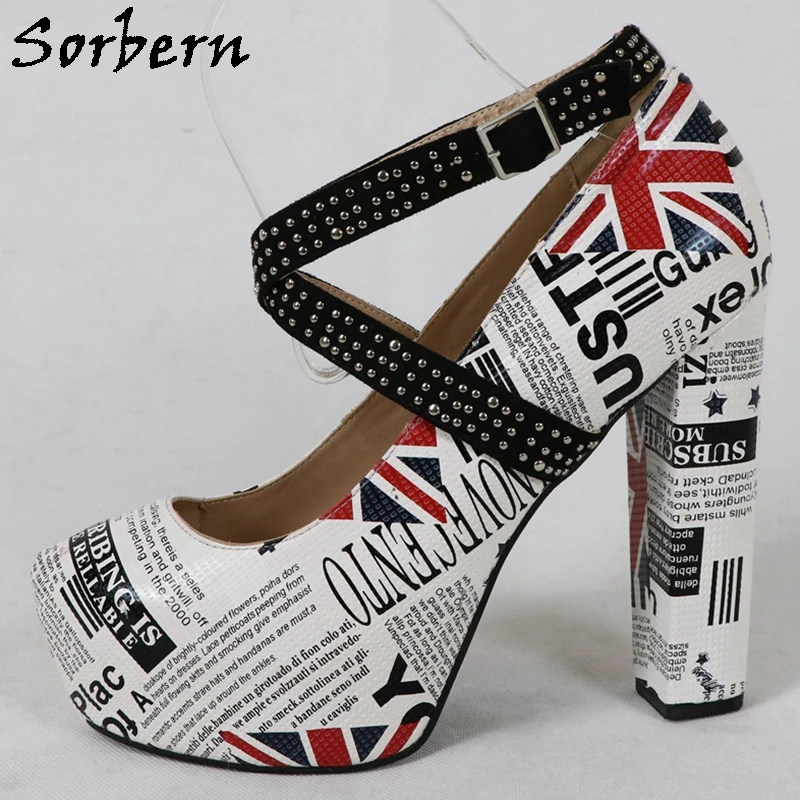 Sorbern Block Heel Unisex Pump Shoe Invisible Platform Crystal Cross Straps Newspaper Women Shoes Chunky Heeled 15Cm Custom