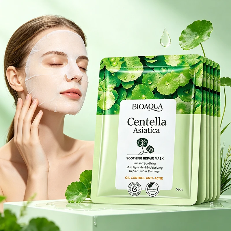 5pcs BIOAQUA Centella Asiatica Face Mask Soothing Hydrating Anti-aging Moisturizing Repair Skin Damage Anti Acne Face Sheet Mask