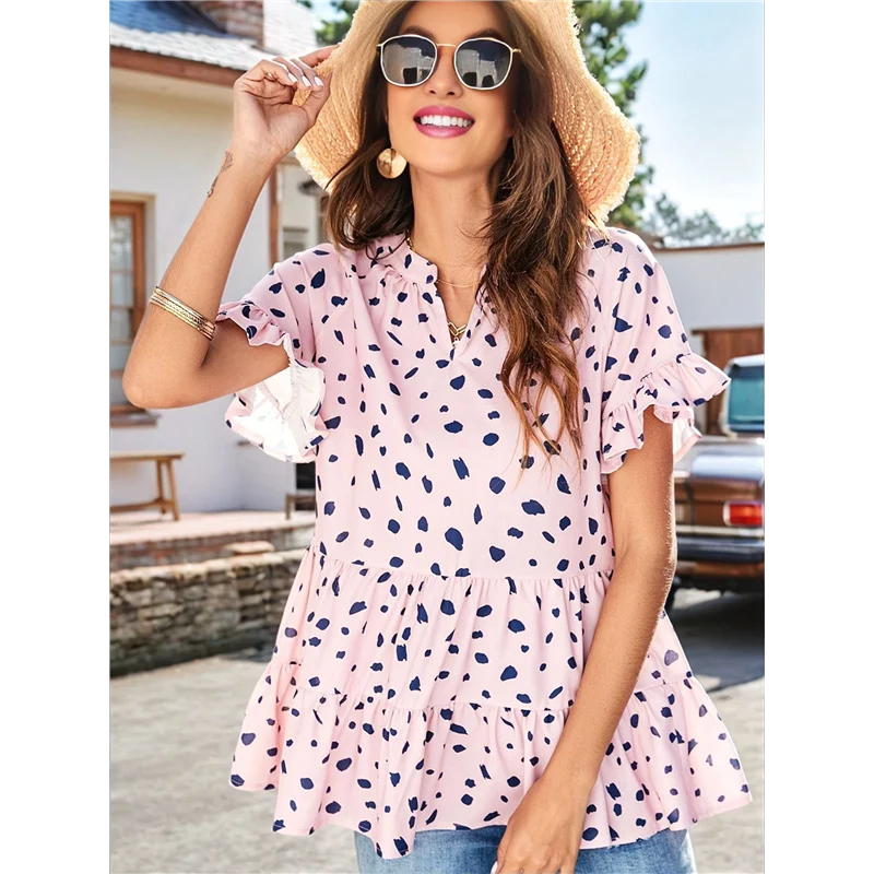 【파티 장식】여성 캐주얼 V 넥 랜덤 프린트 스모크 반소매 쉬폰 블라우스 보헤미안 탑 셔츠