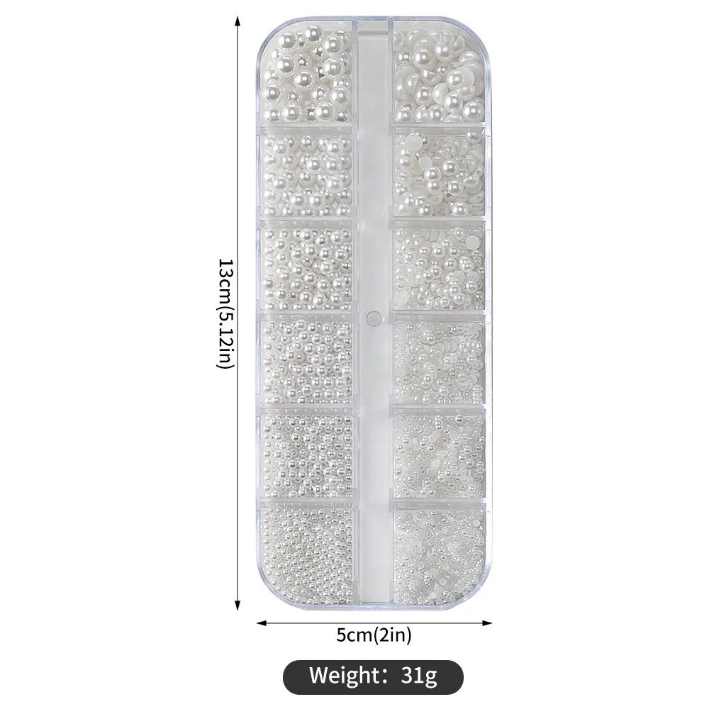 12 Griglie Semicerchio e Perle Rotonde Perline 3D Decorazione Nail Art 1.5-5mm Perle Bianche Gioielli per Unghie Mestiere Perla Accessorio per Manicure
