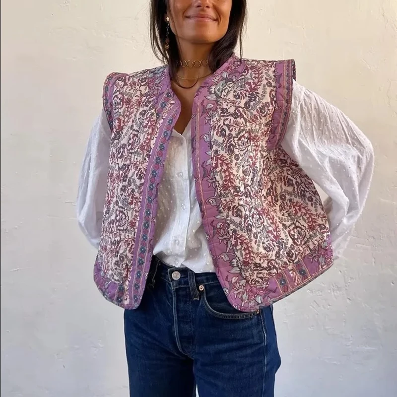 Chaleco de algodón estampado para mujer, chaqueta elegante de algodón acolchada corta con estampado de flores, cuello redondo Retro para ir al trabajo, novedad de 2024