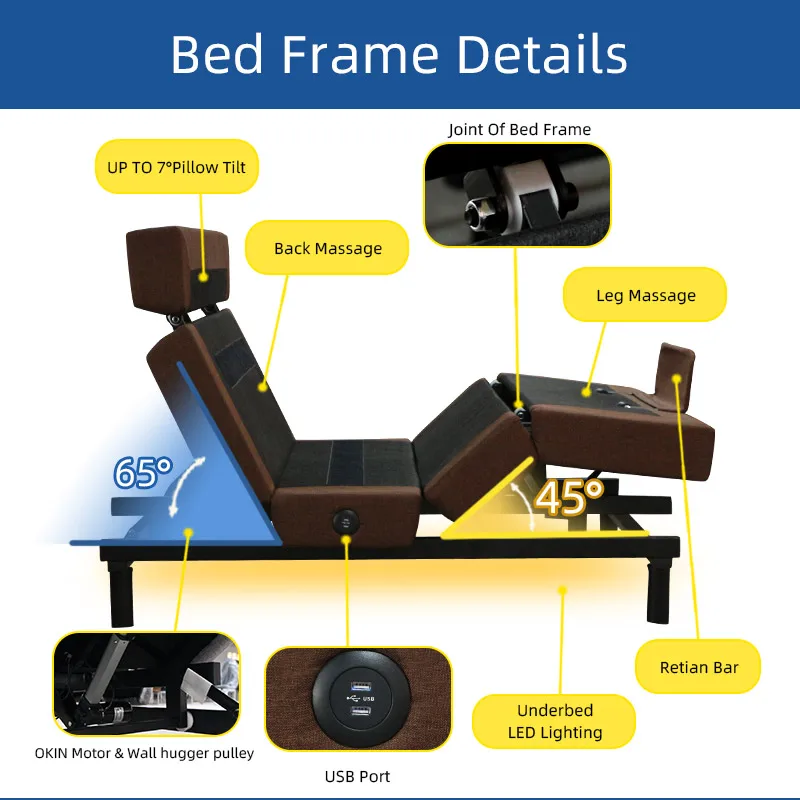 Multi Functional Modern Reclining Electric Massage Adjustable Bed with Intelligent Features for Bedroom Furniture