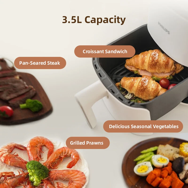 フィリップス 3.5L エアフライヤー 渦巻き式 温度調節機能付き 高品質内鍋 シリコン製滑り止めマット付き ビジュアル調理ガイド付き