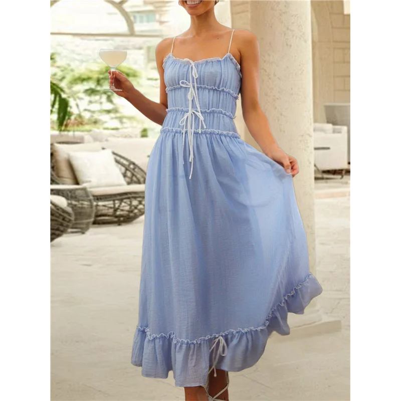 ใหม่-สตรี 2025 ฤดูร้อนชุดลําลองสปาเก็ตตี้ RIC Rac Trim Smocked Ruffle Beach Long Maxi ชุด