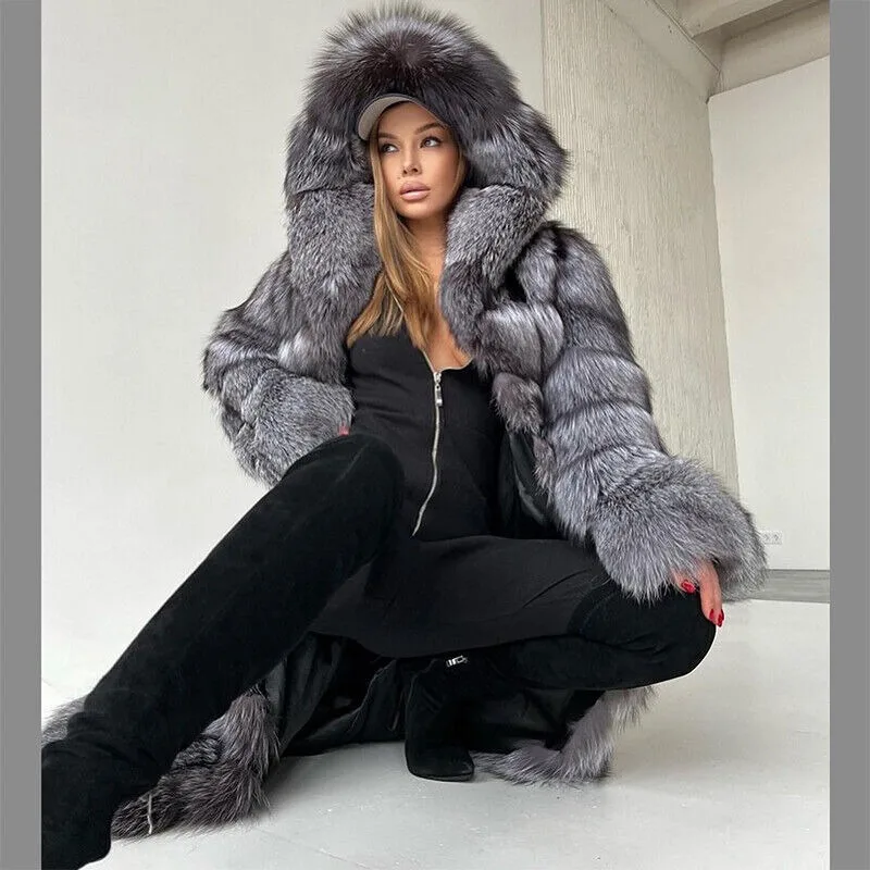 130cm New Women Real Silver Fox Fur Hood Long Overcoat Natural Fur Coat Jacket Winter luxurious authentic genuine fur coats