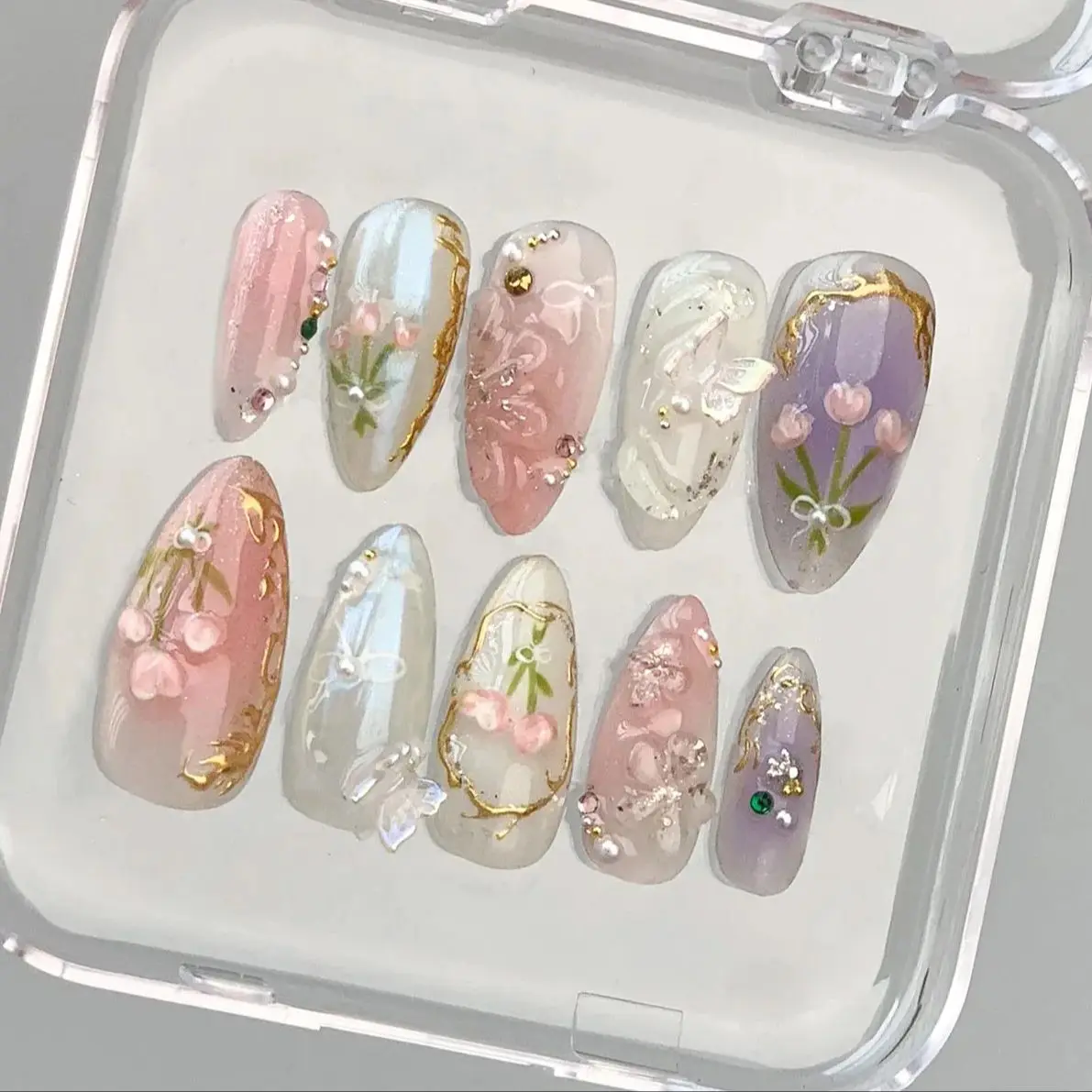 10PCS Handmade Spring/Summer press on nails Ballet Ribbon Blush Bloody Plaid Diamond Adam Mitchel Lambert Stick ons