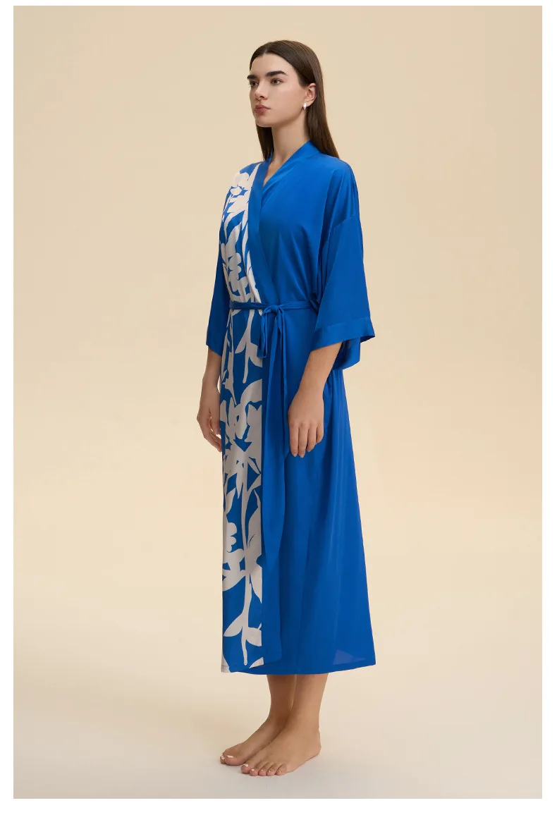 

Blue Female Long Robe Nightgown Print Floral Kimono Bathrobe Sleepwear Casual Silk Satin Home Dress Lounge Wear
