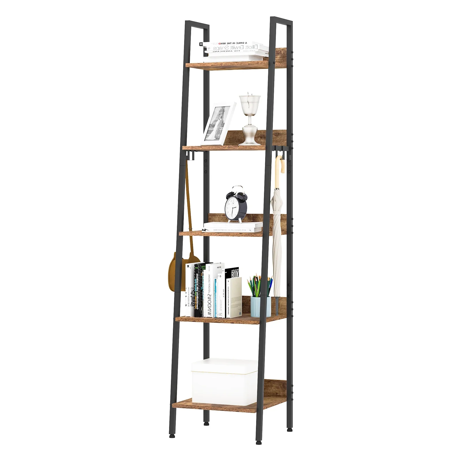 WOLTU 5-stufiges Bücherregal, Bücherregal, Heim- und Küchenregal mit 4 Haken, 40 x 170 x 36 cm, Wohnzimmer-Stehregal, Aufbewahrungsregal