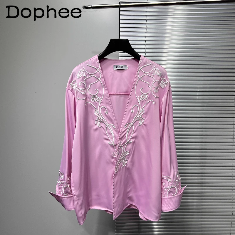 

Embroidered V-neck Loose Fashion Long Sleeve Shirts 2025 Men's Autumn New Trend Handsome Tops High-end Trendy Embroidered Shirts