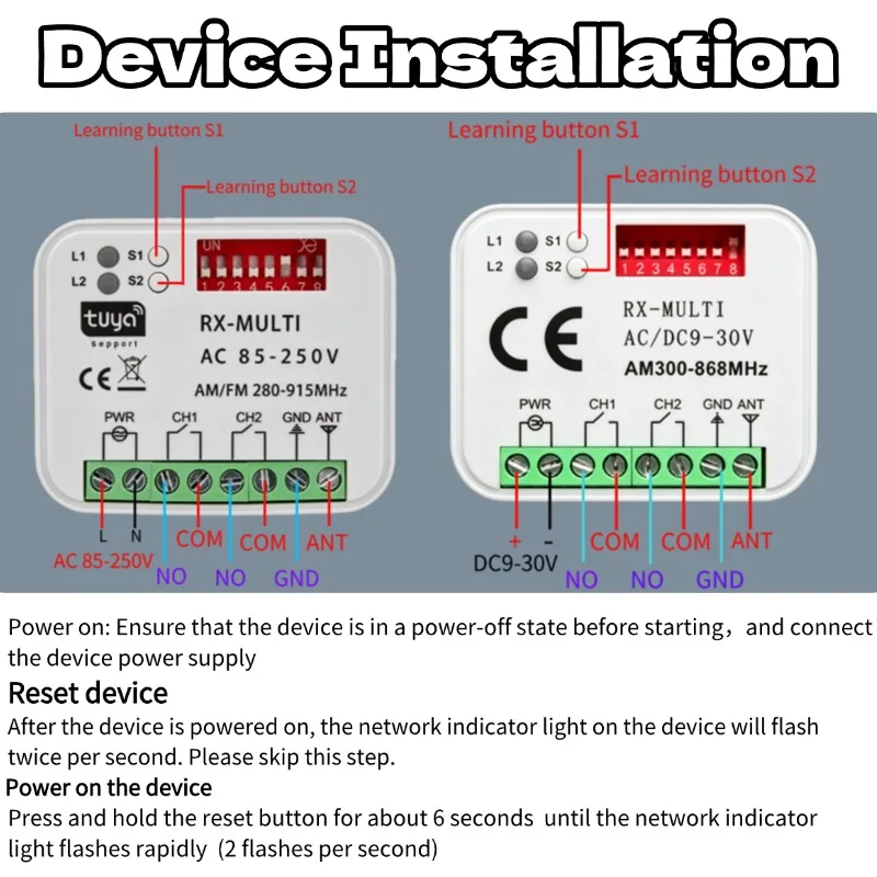 RX MULTI Tuya WIFI 300-868 MHz Garage Door Remote Control Receiver 433MHz 868MHz AC DC 9-30V 85-250V Smart Switch Module Opener