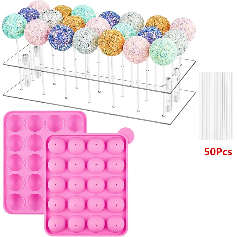 Juego de hacer pasteles Pop, incluye soporte de exhibición de piruletas acrílicas transparentes de 21 agujeros, molde Pop de pastel de silicona rosa de 20 cavidades YY210