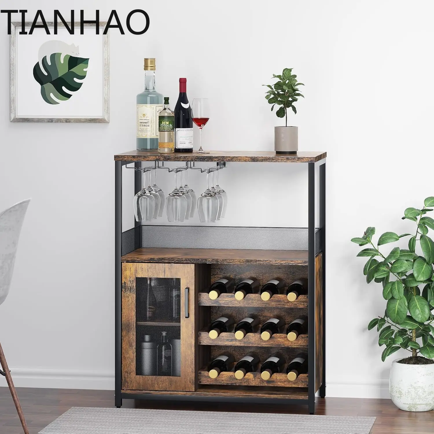 3-Tier Wine Bar Cabinet With Detachable Rack And Storage Space Buffet Cabinet With Glass Holder And Mesh Door For Home