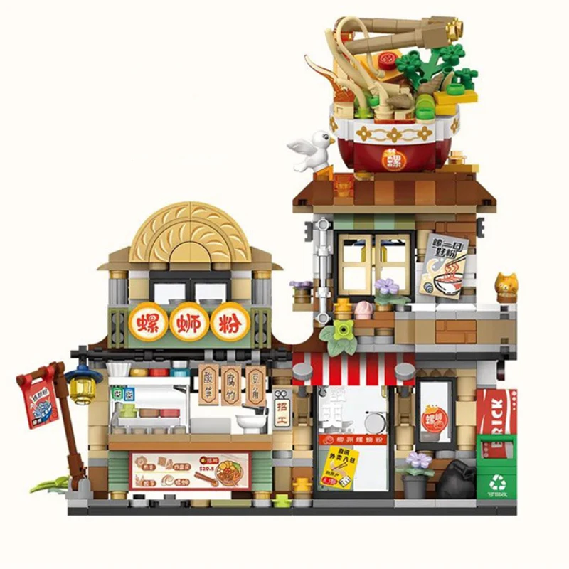 Cidade mini rua bloco de construção conjunto vista panda casa chá modelo blocos de construção diy pequeno urso café tijolos brinquedos para menina