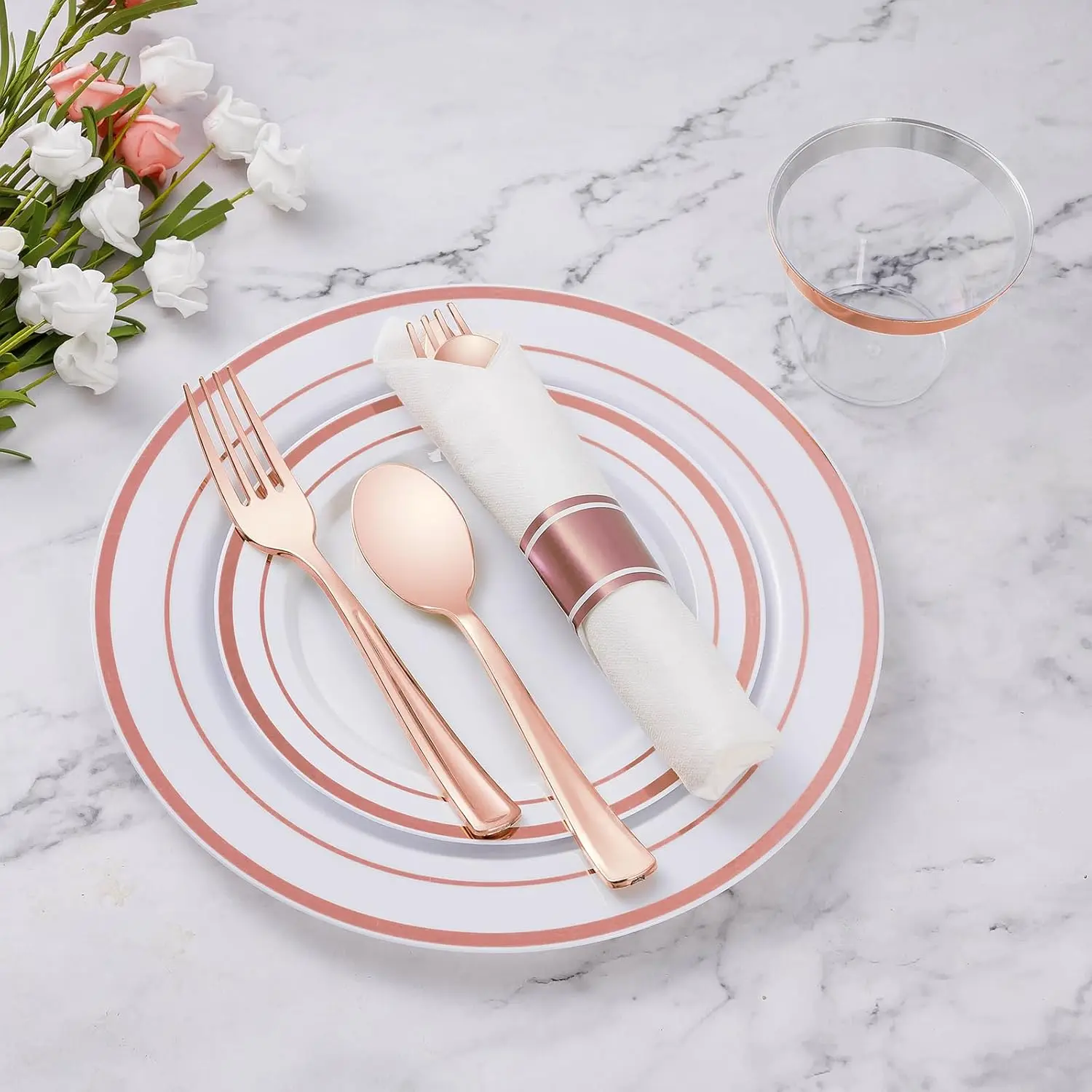 350 Piece Rose Gold Plastic Dinnerware Set for 50 Guests, Fancy Disposable Plates for Party, Include: 50 Dinner Plates