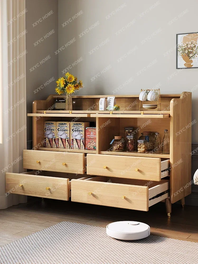 Nordic Solid Wood Chest of Drawers Rattan Tea Cabinet Living Room Wall Locker