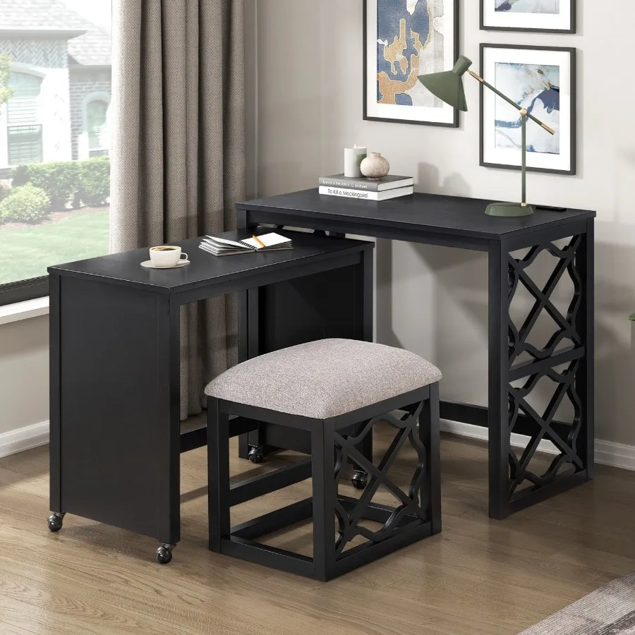 

Desks and Stool Set 3pc Black Finish Rolling Desk with Casters 2 Charging ports Home Office Furniture