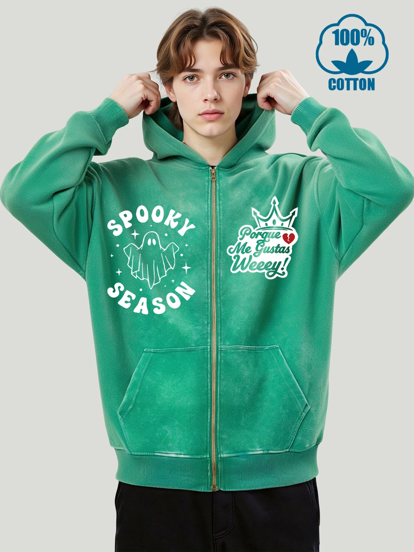 

Spooky Season Halloween Print Mens Washed Zip-Up Hoodies Cotton Fashion Pullover Autumn Distressed Jackets Loose Unisex Hoodie