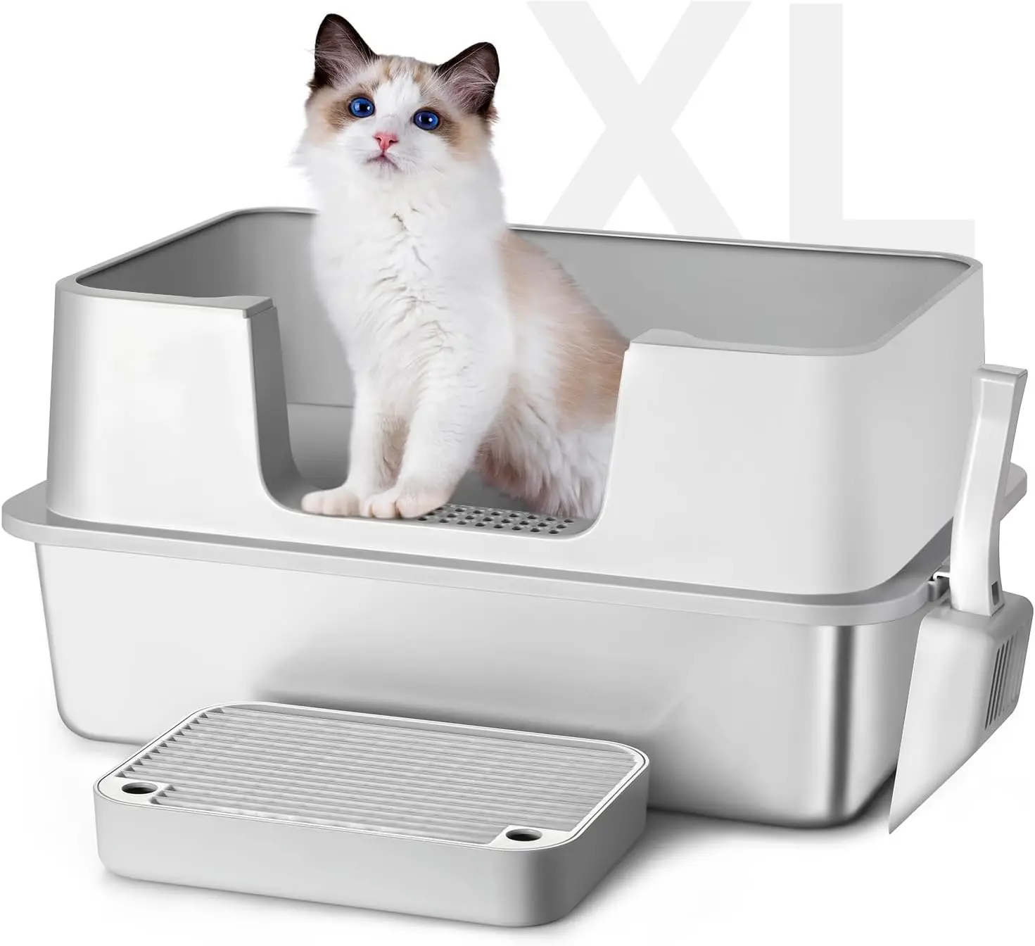 

Stainless Steel Litter Box with Step Extra Large Cat Litter Box for Big Cats High Sides Enclosure XL Non-Sticky Easy Cl