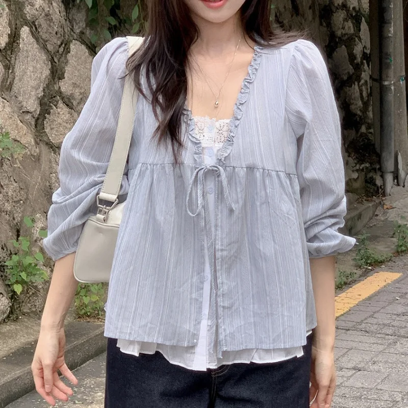 Women's Blue Ruffled V-Neck Blouse, Long Puff Sleeve Tie Front Peplum Top, Casual Summer Shirt