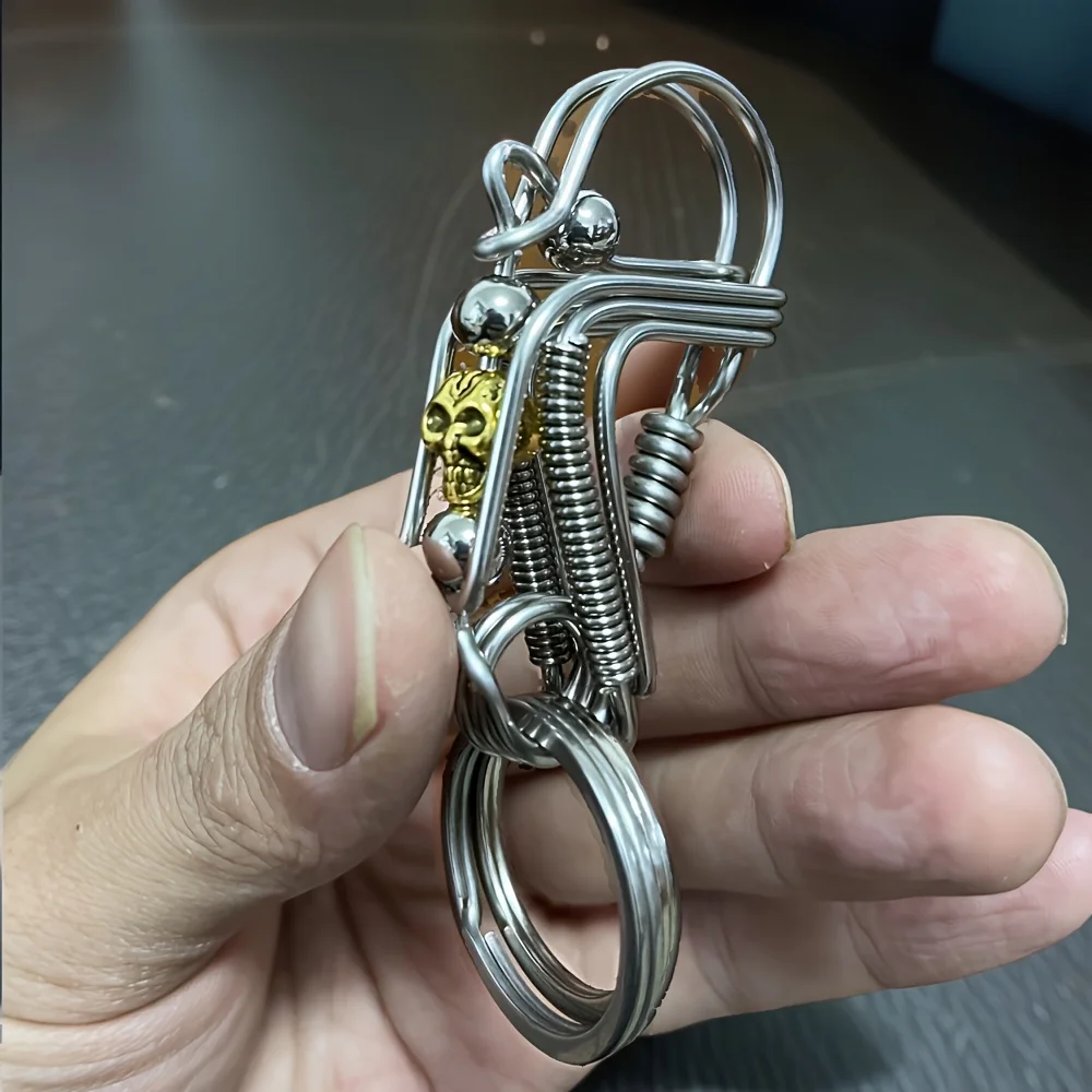 Stainless steel Stylish Keychain, Handmade Multilayer Curved Wire,Skull Mechanical Style Keyring, Men Backpack Trinket ,2pcs