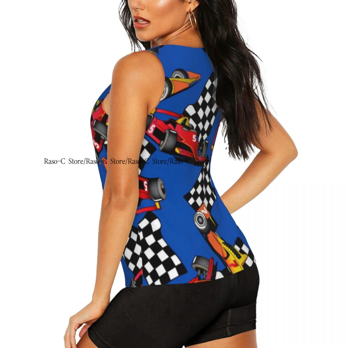 ผู้หญิงเซ็กซี่เสื้อกั๊ก Racing Cars พื้นหลังแขนกุดคอรอบคอหญิง Casual Basic Camisole