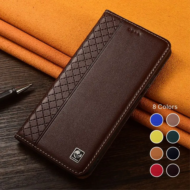 Genuine Leather Case For Xiaomi Poco X4 X5 X6 X7 X8 GT Pro Max NFC Neo, Flip Holder Card Slots Grid Pattern Phone Case