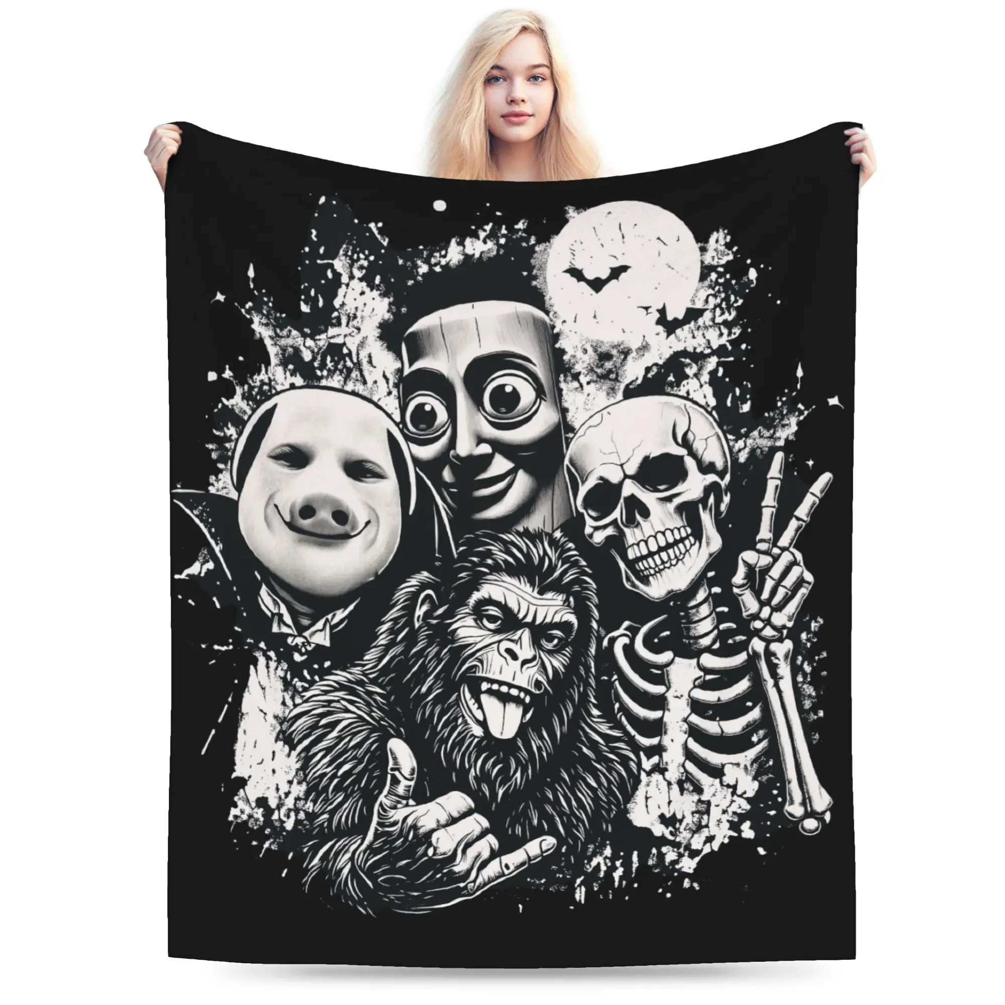 Vintage 90s Halloween Tung Sahur John Pork Skeleton Bigfoot Flannel Blanket Adults Cozy Throw Blanket Autumn Bedroom Bedspread