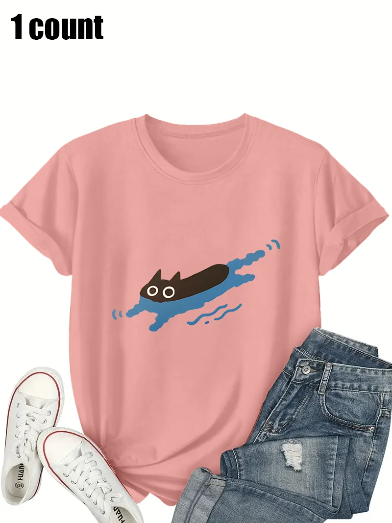 

Женская футболка больших размеров с забавным рисунком черного кота для плавания, 1 шт. розовая футболка с круглым вырезом и короткими рукавами, свободный крой, повседневный топ