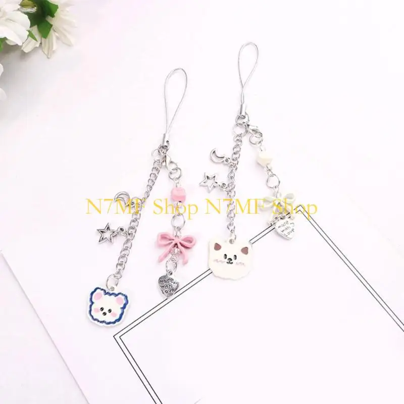 N7MF Sweet Bear Bowknot Heart Charm Pendant Chain Phone Strap Pocket Keychain Strap Hangings Decoration for Key Bag Purse