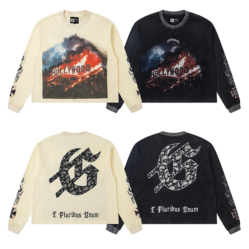

Godspeed Waffle Long-sleeved T-shirt Washed Cotton Knitted Trendy Pattern Printed Short Tops Men's Streetwear GOD SPEED