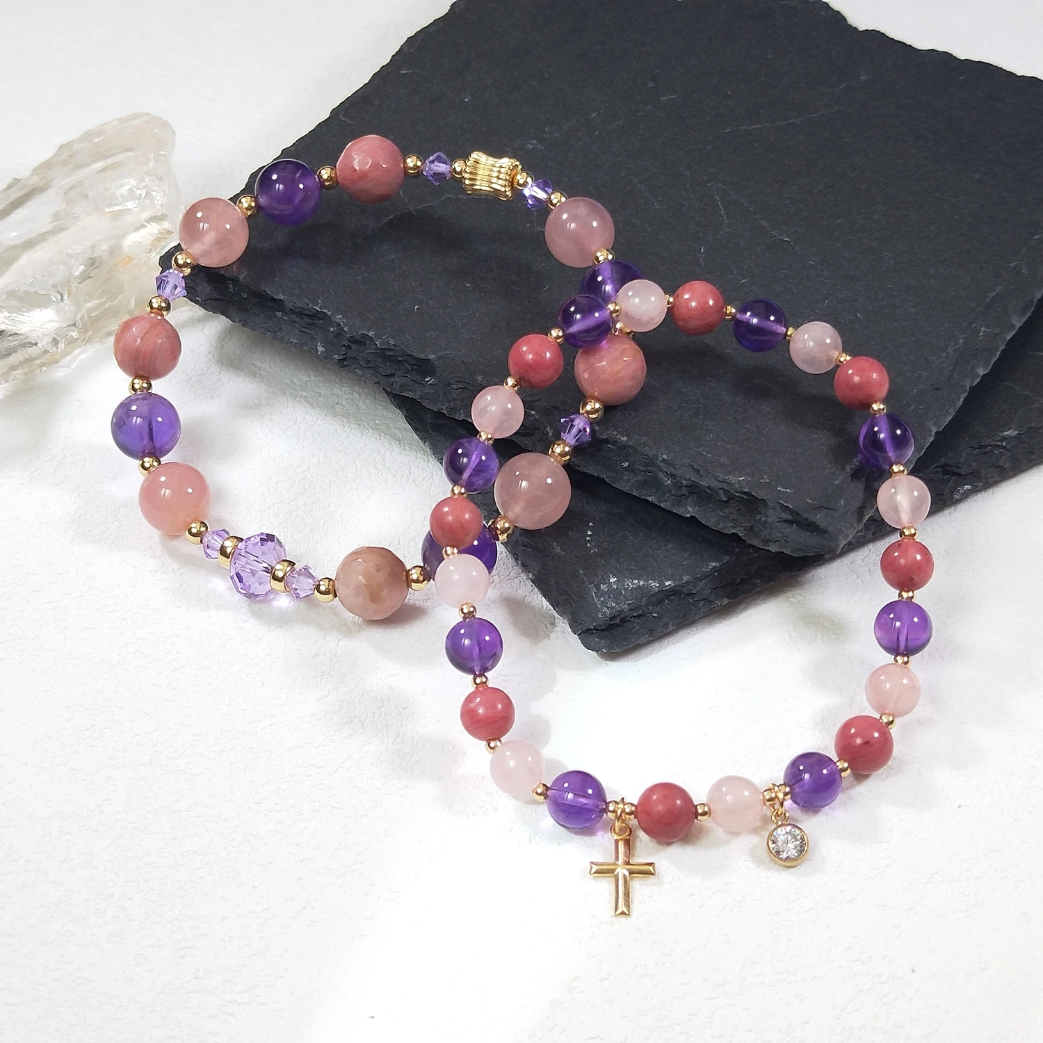 

Lii Ji Natural Rose Quartz Amethyst,Rhodonite 6mm /8mm American 14K Gold Filled Elastic Bracelet