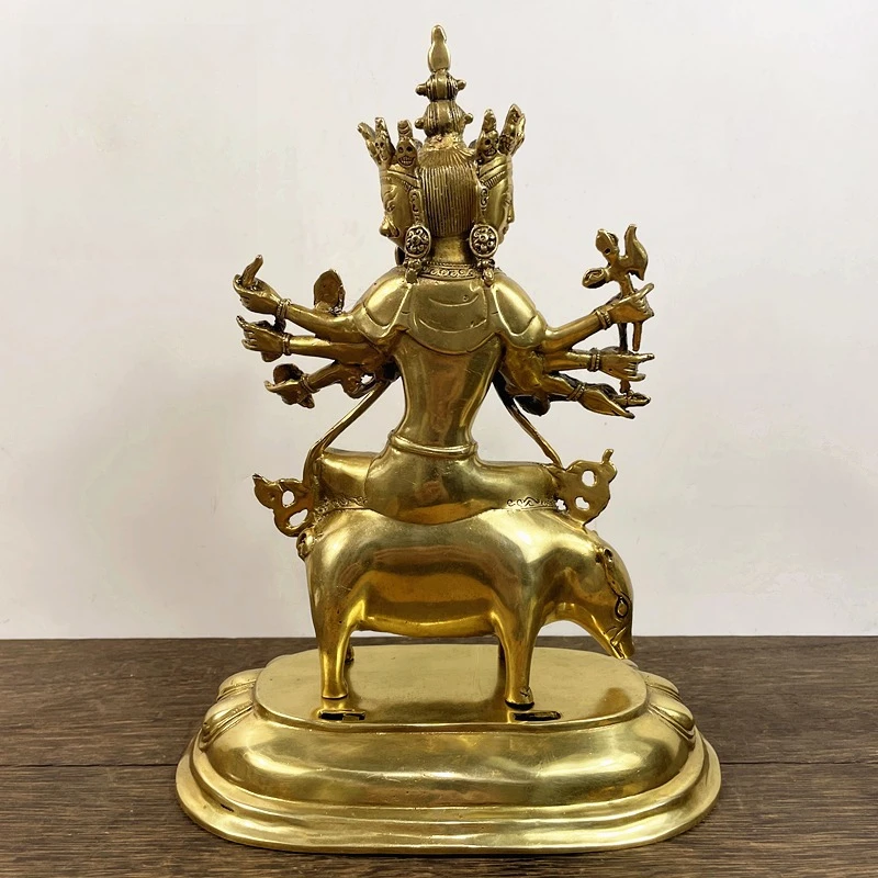 Feng Shui Copper Gold Painted Three Faces Riding Pig Buddha Mother Bodhisattva Statue