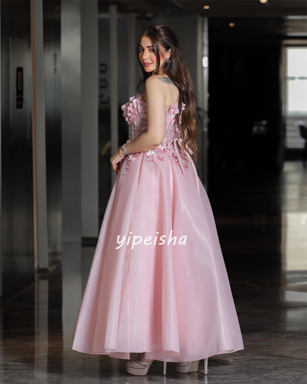 Organza Flower Wedding Party A-line Strapless Bespoke Occasion Gown Long Dresses