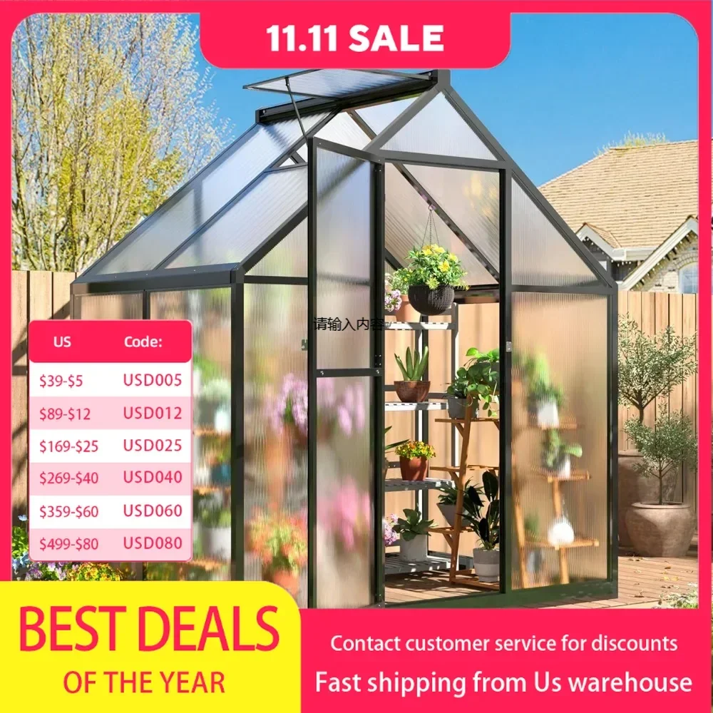 Greenhouses，4x6 FT Greenhouse, Quick Aluminum Assembly Structure Polycarbonate Greenhouse, Walk-in Greenhouses For